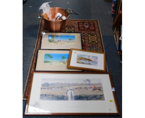 Pictures and prints, including an Arabic oasis scene, Snaffles print The Finest View in Europe, a copper preserving pan, a ja