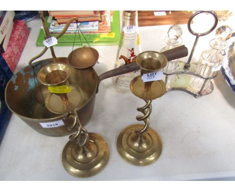 Brass and copper wares, including a preserving pan, scales, candlesticks, etc. (a quantity)