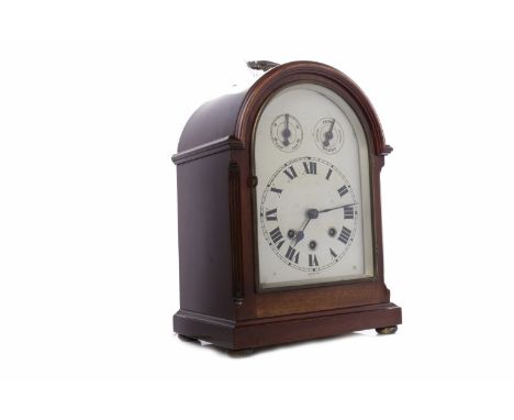 EARLY 20TH CENTURY MAHOGANY CASED BRACKET CLOCKthe silvered dial with Roman numerals and chimes/silent and slow/fast subsidia