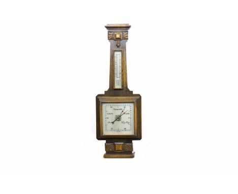 ART DECO OAK WALL BAROMETER with square dial and of fanned form, with mercury barometer gauge, 71cm long 
