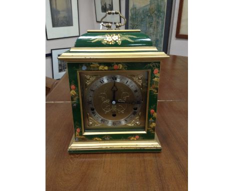 ELLIOT OF LONDON GREEN LACQUERED CHINOISERIE BRACKET CLOCK the engraved brass dial with silvered Roman numeral chapter ring a