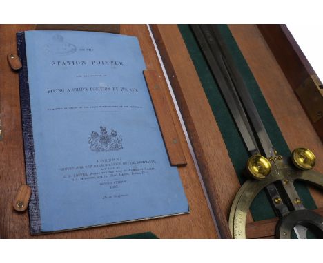 TROUGHTON & SIMMS BRASS AND STEEL STATION POINTER also known as a ship's map protractor, engraved with manufacturer's mark an