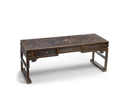 A ZITAN AND HARDWOOD LACQUER-PAINTED AND CARVED LOW TABLE WITH DRAWERSLate Qing DynastyOf rectangular shape, the top panel la