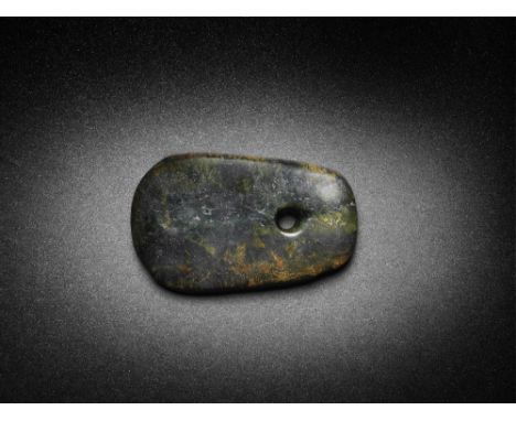 AN ARCHAIC DARK GREEN JADE AXE, YUENeolithic Period, circa 3,000-2,500 BCSmoothly carved of flattened ovoid shape, with curve