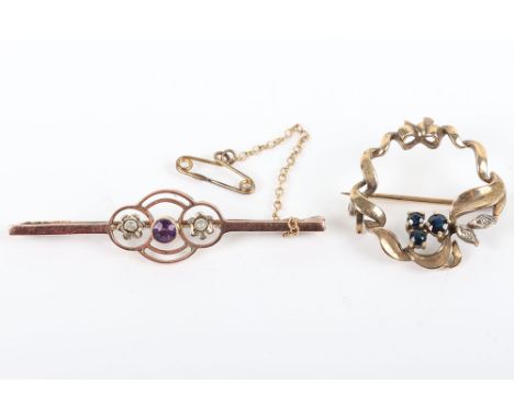 Antique Edwardian 9ct Gold Bar Brooch, amethyst and seed pearl, with safety chain and a Ladies brooch, 9ct gold, with three f