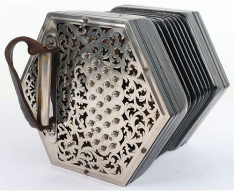 A  C Jeffries Bros Duet Concertina, sixfold leather bellows, with 61 buttons/valve button, fret cut nickel ends, engraved C J