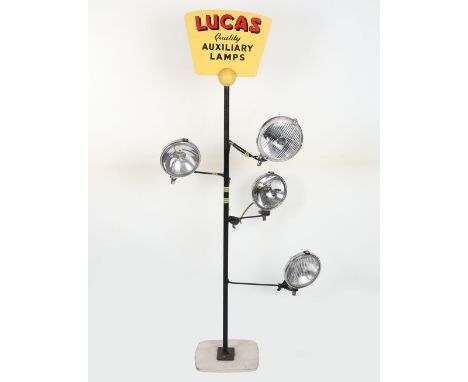 Lucas Quality Auxiliary Lamps Dealer Garage display stand, wooden yellow double sided  sign, four chrome Lucas auxiliary lamp