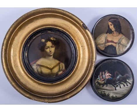 Follower of Paul Delaroche,Heuriette Sontag, Countess Rossi,circular portrait miniature on papier-mâchégilt frame, 19 cm diam