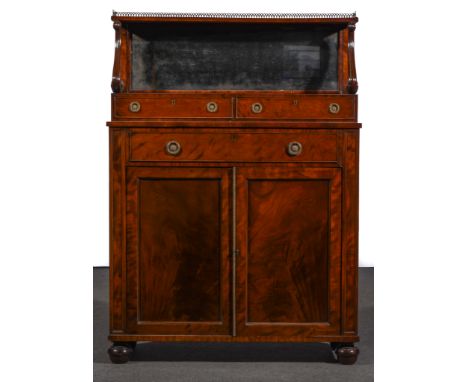 A Regency mahogany chiffonier, raised shelf with brass three-quarter gallery above a mirror, the base with a rectangular top,