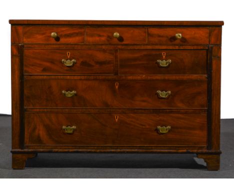 A Victorian mahogany chest of drawers, fitted with three frieze drawers, the centre serving as a secretaire, over two short a