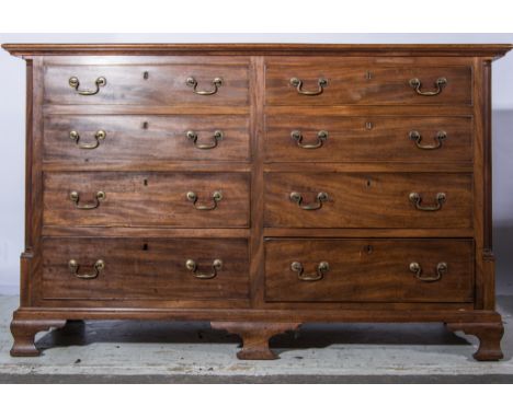 A George III mahogany mule chest, rectangular hinged top, fitted with two banks of two dummy drawers over four drawers, flute