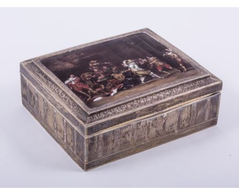 A white metal cigarette casket, unmarked, engine-turned decoration, rectangular lid with an enamelled panel, depicting a skir