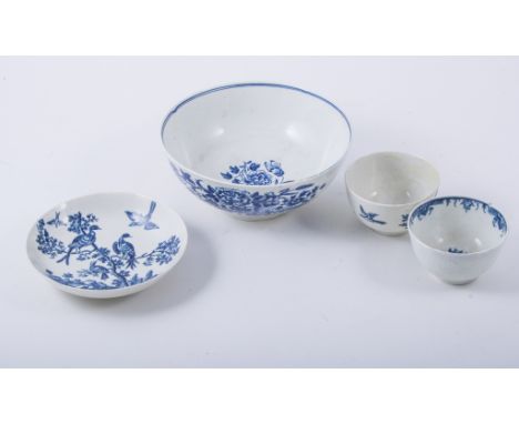 A Worcester porcelain blue and white Fence pattern bowl, circa 1770, hatched crescent mark, diameter 15.5cm; a First Period W