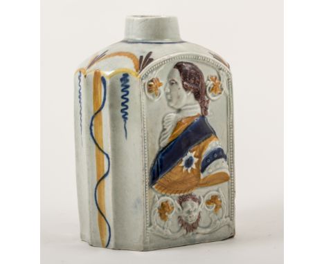 A large Prattware tea caddy, circa 1790, shouldered and fluted form, profile portraits frame by beading, chipped and restored