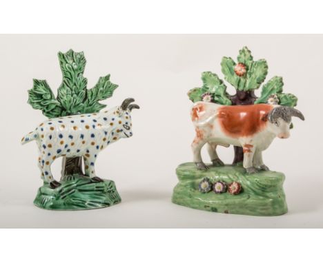 A Pratt type bocage model of a goat, 1800-1820, near flat-backed bocage, the bocage and base green glazed, 14cm; and a Staffo