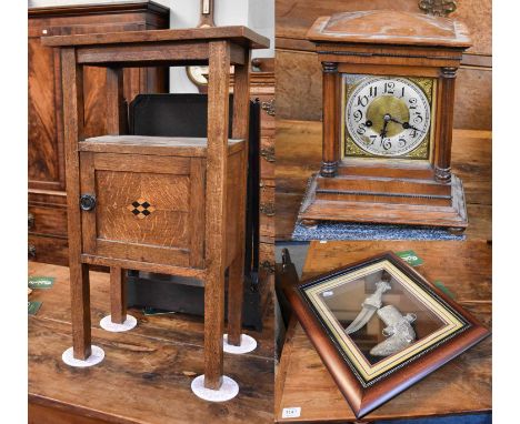 An Oak Bedside Table, early 20th century, with parquetry inlay, 45cm by 29cm by 78cm, a twin train mantel clock, and a framed