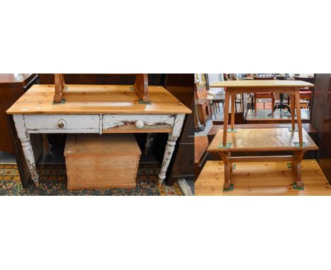 A Victorian Pine Two Drawer Side Table, 126cm by 60cm by 79cm, two oak coffee tables, a small pine chest, five glass sweet ja