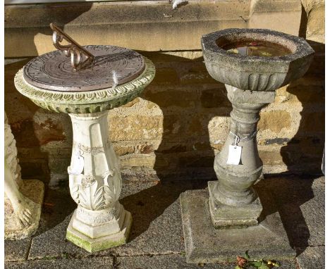 A Stone Sundial on Composite Stand, 80cm high, together with a similar bird bath, 70cm high (2)