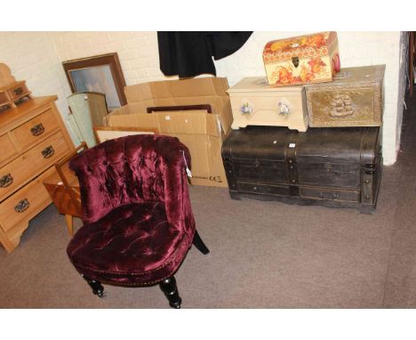Buttoned fabric nursing chair, cantilever sewing box, trunk, two boxes, brass slipper box, firescreen, pictures and mirror.