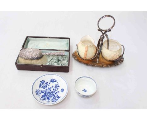 Late 18th Century Worcester blue and white tea bowl and saucer, together with Worcester cream and sugar, and boxed silver bru