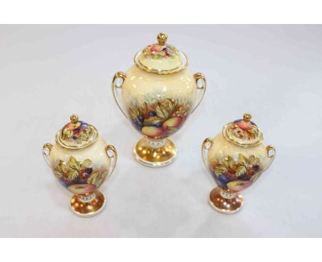 Aynsley Orchard Gold garniture of three covered vases, all D. Jones, large vase 22cm.