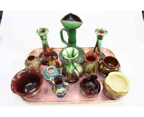 Collection of Art Pottery including Linthorpe, with small oil lamp reservoir no. 2031 (13).