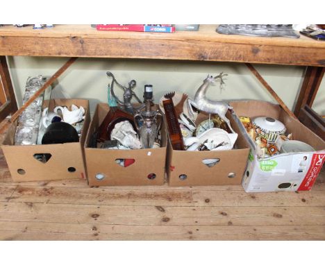 Four boxes of porcelain, mantel clocks, ships clock, light shade, sculptures, etc.