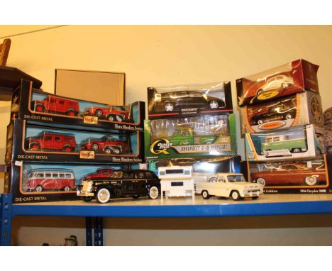 Collection of model toy vehicles including Maisto, Solido, Motormax, Quaker State, etc.