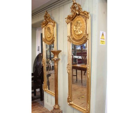 Pair rectangular gilt portrait and bevelled wall mirrors, 179cm by 52cm.