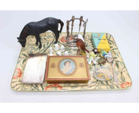 Tray lot with silver cigarette case, silver spoon and mounted manicure set, ERII tin, bird ornaments, thimbles, razor and met