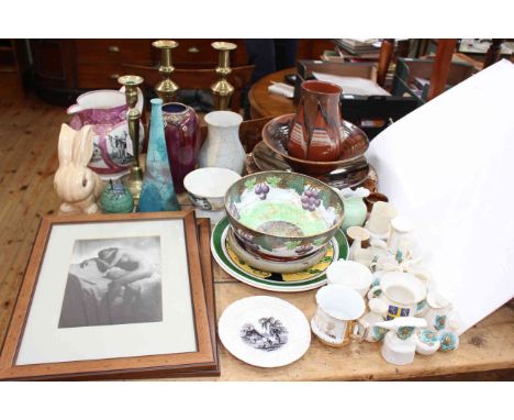 Collection including large Sunderland lustre ware bridge jug, Sylvac 1026 rabbit, Studio Pottery, crested china, prints, etc.