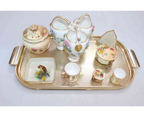 Eight Royal Worcester pieces including triple vase and miniatures.