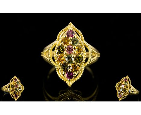 Tourmaline Multicolour Marquise Shape Ring, 12 round cut tourmalines in rubellite red, olive green, golden yellow, pink and t