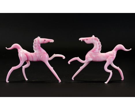 A Pair Of Vintage Murano Glass Prancing Horse Figures delicate handblown glass figures in pale pink and white striated opaque