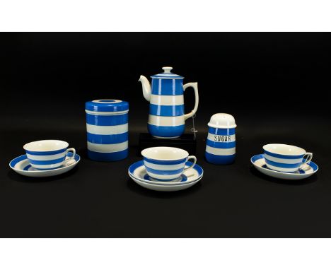 T.G Green &amp; Co Cornish Kitchen Ware. Collection of 10 Blue and White Pieces. Comprises Coffee Pot, Sugar Sifter, 3 Cups a