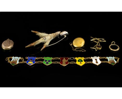 Small Collection Of Jewellery To Include Yellow Metal Bracelet, Italian Enamel Shield Bracelet, Grouse Foot Etc. Please See A