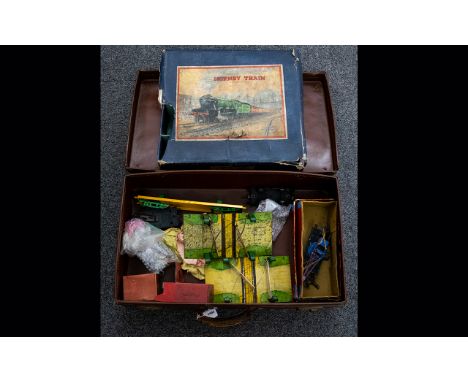 Suitcase Containing Mixed Lot Of Hornby 0 Gauge - Containing Tin Plate Cross Roads, Four Buffer Stops,- 2 boxed and 2 unboxed