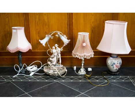 Collection Of Four Modern Table Lamps. To Include Italian Figural Water Feature Lamp, Silver Tone Lamp, Figural Spelter Lamp 