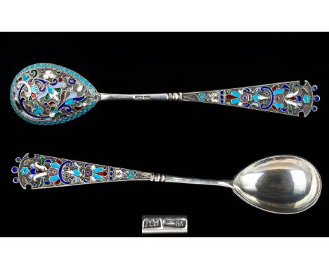 A Superb Russian Silver And Enamel/Cloisonne Spoon. Early 20th Century Period, Work Master DN. Town Moscow. Silver mark 84 si