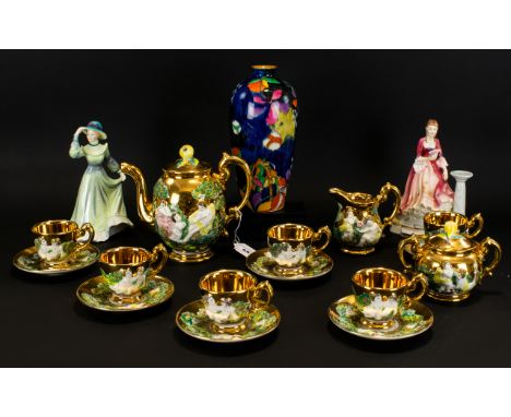 Capodimonte Decorative Tea Service comprising Tea Pot, Sugar Bowl with lid, Milk Jug, and six cups and saucers. Gold coloured