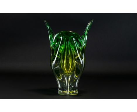 A Vintage Murano Glass Vase 1970's handkerchief form vase in chartreuse and spring green ombre glass. Very good condition, 11