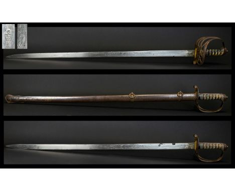 Victorian Royal Irish Constabulary Sword And Scabbard, finely etched blade having scrolling foliate design and the Royal Iris