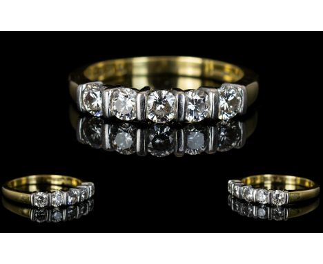 18ct Gold - Attractive 5 Stone Diamond Set Dress Ring, The Five Round Brilliant Cut Diamonds of Good Colour and Clarity. Est 