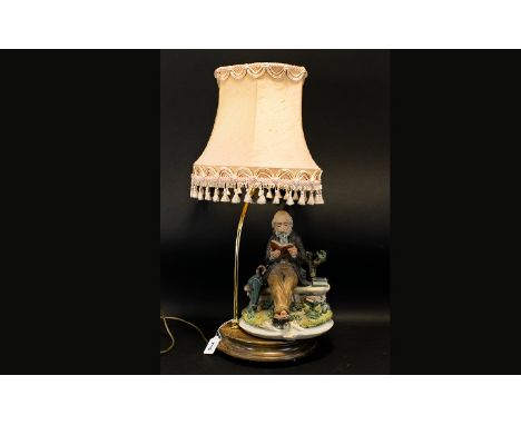 Italian Capodimonte Figural Table Lamp With Shade. Overall Height 25 Inches.