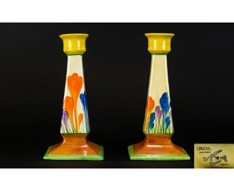 Clarice Cliff Art Deco Period Hand Painted Pair of Candlesticks - In The ' Crocus ' Pattern. c.1929, Please See Photo. Each C
