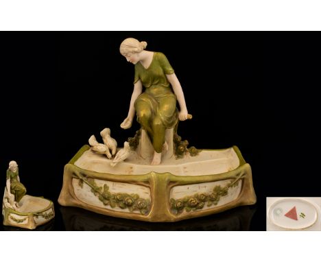 Royal Dux - Art Nouveau Impressive Porcelain Figural Centre Piece / Bowl - Depicts a Young Woman Sitting Atop of a Large Wate
