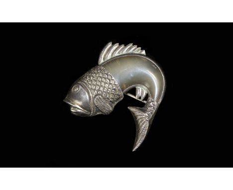 Vintage Silver And Horn Brooch In the form of a leaping fish, body and tail fashioned from carved horn. Bar pin fastening, Mi