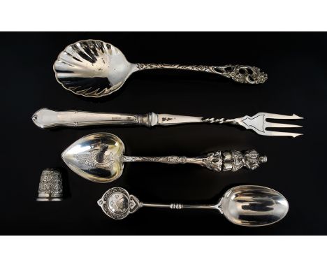 A Small Collection of Antique Silver Items, All Hallmarked - Five Pieces In Total. Comprises 1/ Folklore Silver Love Spoon wi