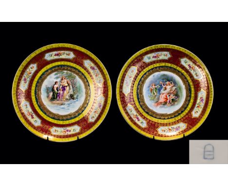 Vienna - 19th Century Fine Quality and Decorative Pair of Hand Painted Porcelain Wall / Cabinet Plates, Classical Scenes with