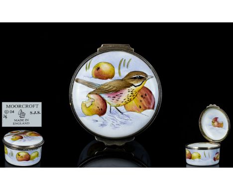 Moorcroft Enamel Hinged / Lidded Circular Pill Box ' Redwing ' Stillife, by Stephen Smith. Dated 2004 / 2005. 1st Quality and